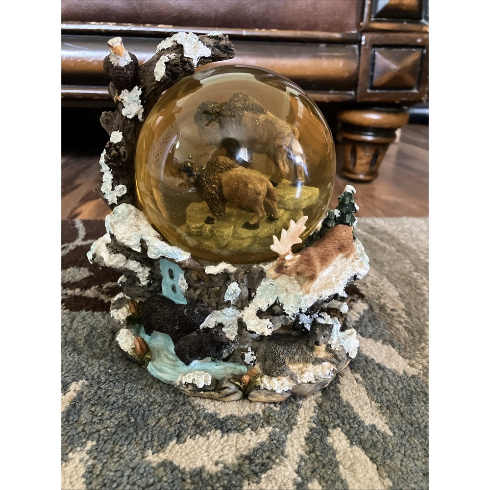 Buffalo Pair Water Globe w Moose Eagle Bears Deer Mt Goats plays "Born Free"